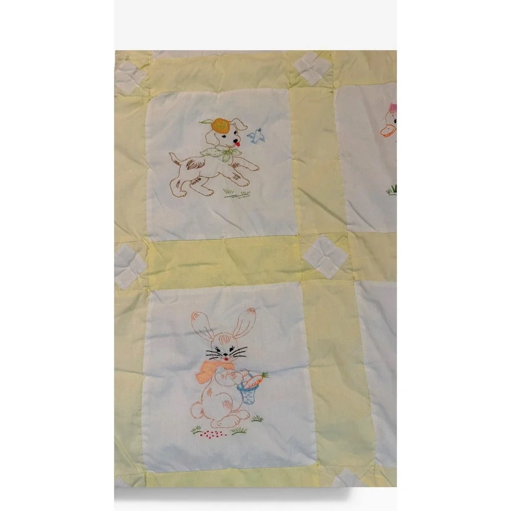Vintage Handmade Baby Quilt Hand Embroidered Animals Yellow Nursery Crib BABY